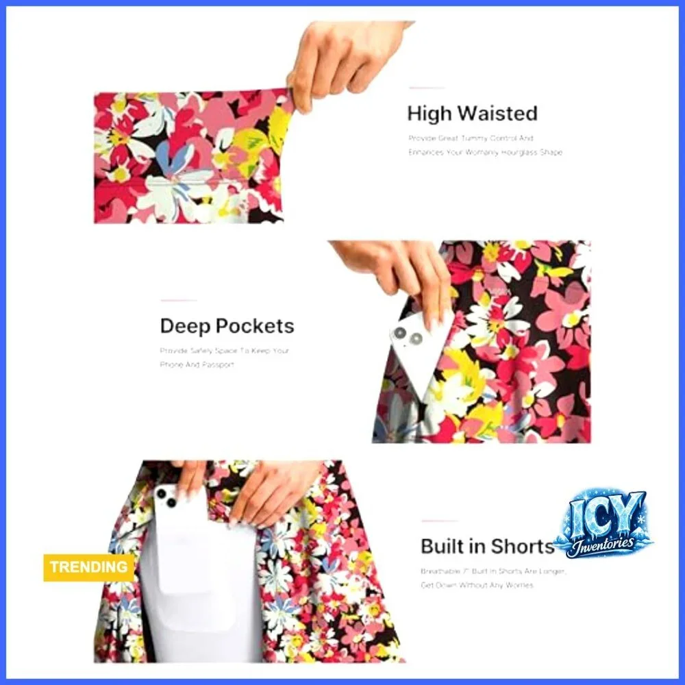 Knee Length Stretchy Skort with Pockets for Golf Travel Casual Wear